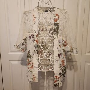Cure Floral Kimono Duster Cover-Up Cardigan Sz M Lace Sheer Fairy Boho